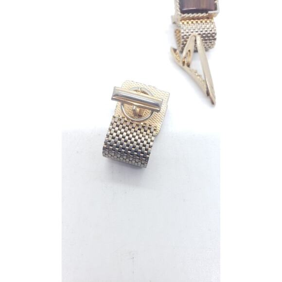 Vintage Cufflinks 1950 Mesh Wrap Gold Plated Lucite Faux Wood Tie Bar Cuff Links - Picture 8 of 13